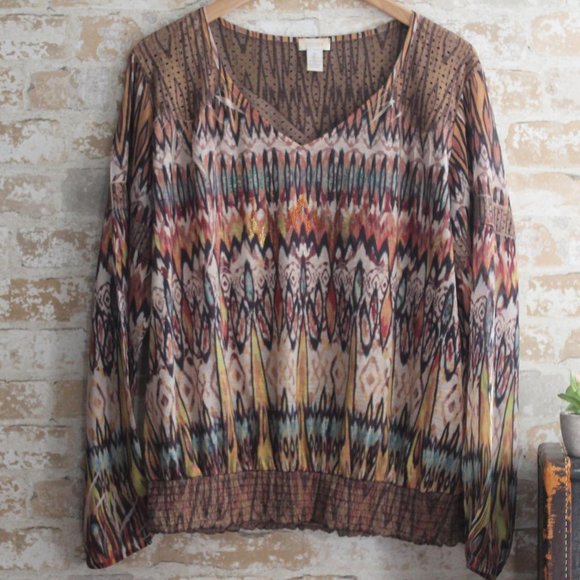 Chico's Tops - Chico's L/S Print Top Size 2, Browns and Gold